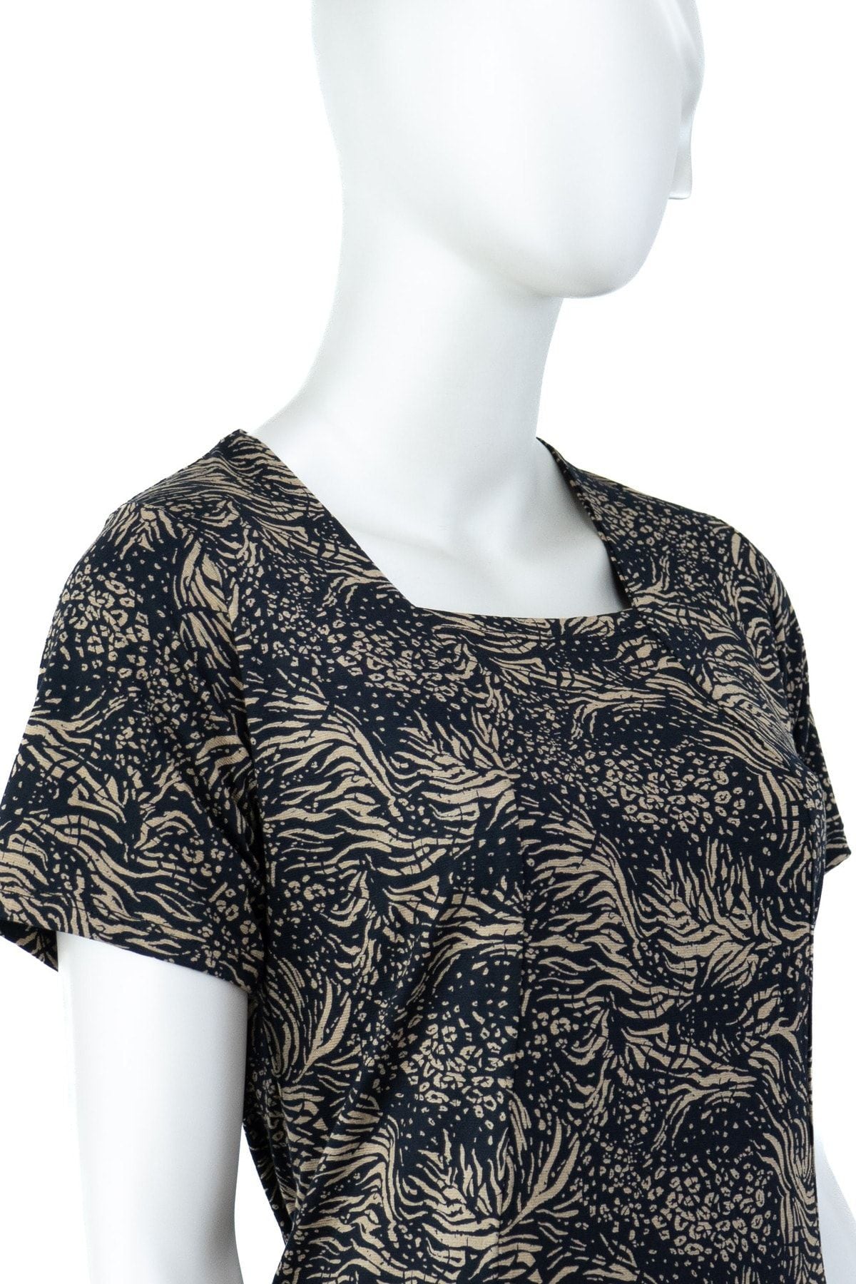 Kadın Sarmaşık Desenli Kısa Kollu Tam Kalıp Likralı Viskon Kumaş Klasik Diz Altı Elbise